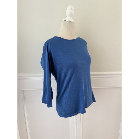Blue Round Neck 3/4 Sleeve Sweater 48 L Silk/Cotton/Cashmere Blend Made In Italy - Picture 2 of 4